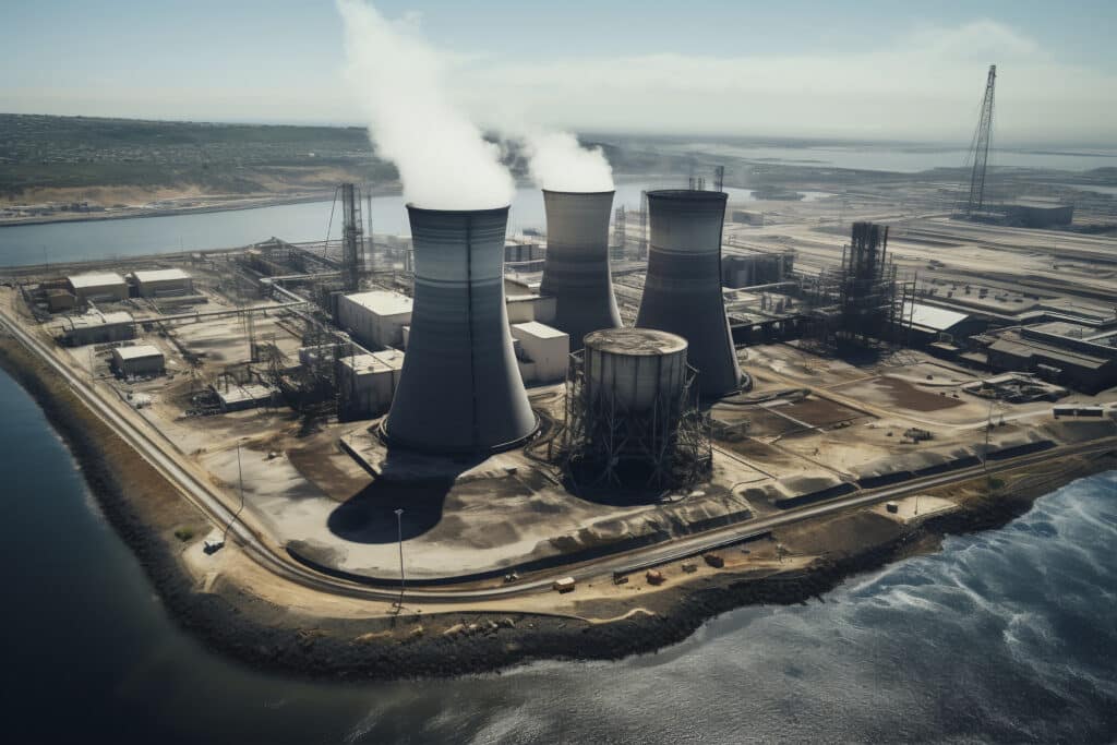 view nuclear power plant with towers letting out steam from process