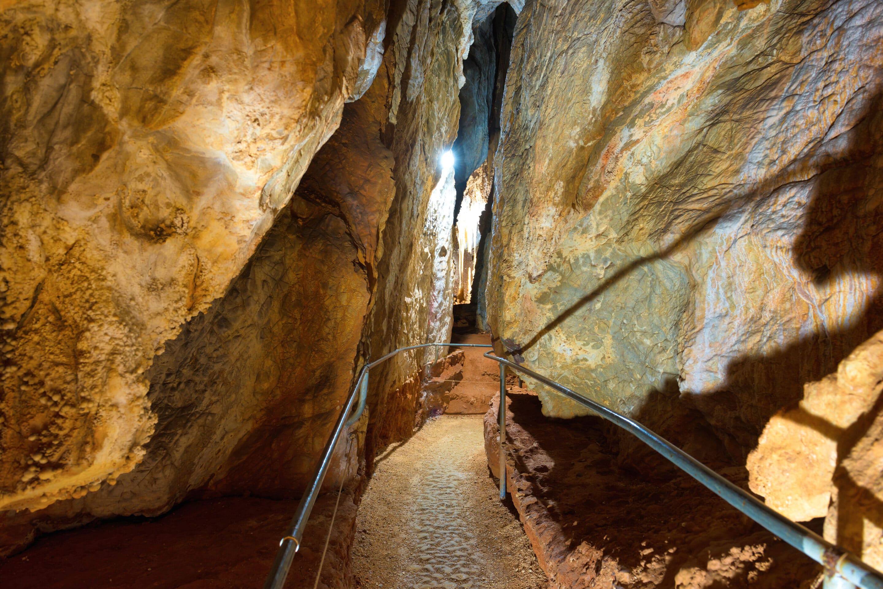 tourist path beautiful old dark cave with many stalactites grotte di is zuddas italy sardinia scaled