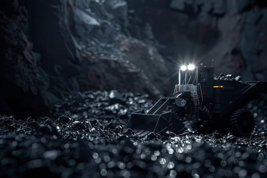 industrial loader operates dimlylit rocky underground mine with bright headlights beaming forward